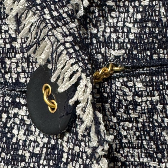 Talbots Women Size 4 Navy Blue White Boucle Tweed Fringe One Button Blazer - Picture 3 of 15